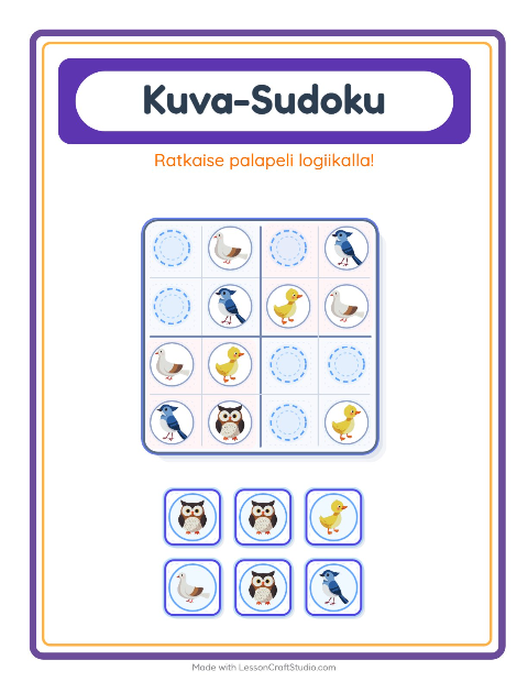 Esikatselu: Kuvasudoku-tehtäväarkki, aiheena Linnut 2, Esiopetus