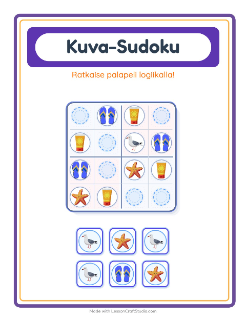 Esikatselu: Kuvasudoku-tehtäväarkki, aiheena Ranta, Esiopetus