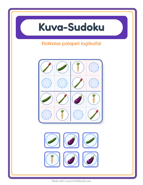 Esikatselu: Kuvasudoku-tehtäväarkki, aiheena Vihannekset, Esiopetus