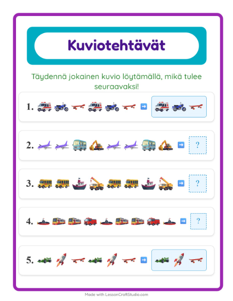 Esikatselu: Kuviotehtävä-tehtäväarkki, aiheena Ajoneuvot, 1. luokka