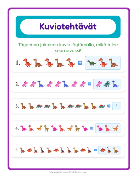 Esikatselu: Kuviotehtävä-tehtäväarkki, aiheena Dinosaurukset, 1. luokka