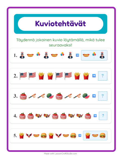 Esikatselu: Kuviotehtävä-tehtäväarkki, aiheena Heinäkuun 4., 1. luokka
