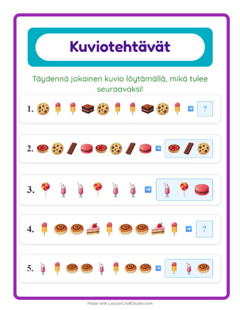 Kuviotehtävä – Jälkiruoat ja makeiset
