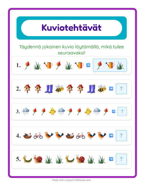 Esikatselu: Kuviotehtävä-tehtäväarkki, aiheena Kevät, 1. luokka