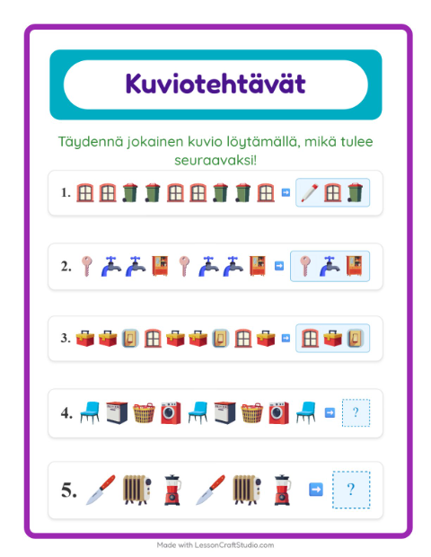 Esikatselu: Kuviotehtävä-tehtäväarkki, aiheena Kodin ympärillä, 1. luokka