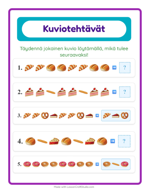Esikatselu: Kuviotehtävä-tehtäväarkki, aiheena Leipomo, 1. luokka