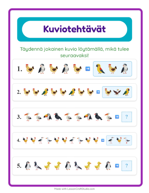 Esikatselu: Kuviotehtävä-tehtäväarkki, aiheena Linnut 2, 1. luokka