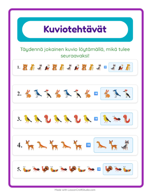 Esikatselu: Kuviotehtävä-tehtäväarkki, aiheena Metsän eläimet, 1. luokka