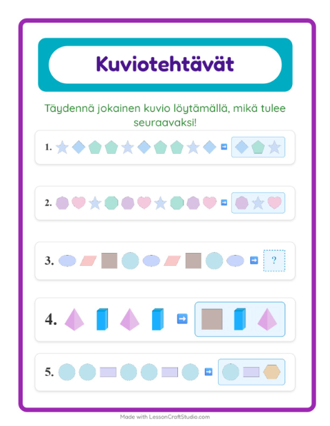 Esikatselu: Kuviotehtävä-tehtäväarkki, aiheena Muodot, 1. luokka
