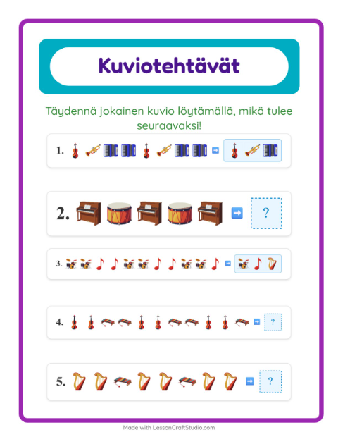 Esikatselu: Kuviotehtävä-tehtäväarkki, aiheena Musiikki, 1. luokka
