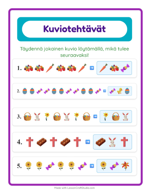 Esikatselu: Kuviotehtävä-tehtäväarkki, aiheena Pääsiäinen, 1. luokka