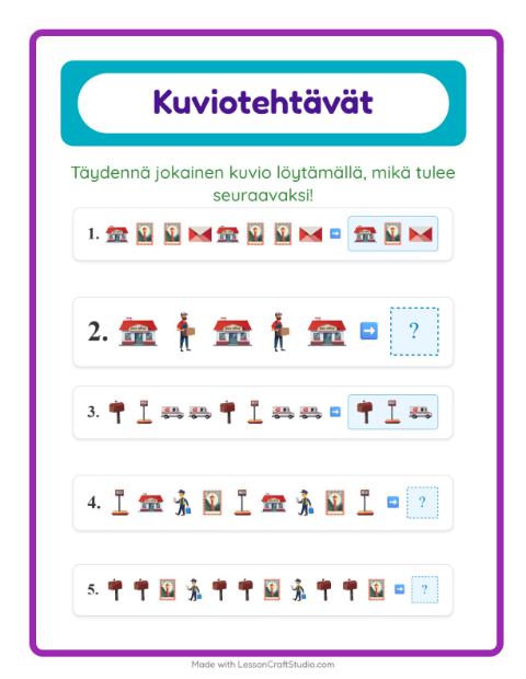 Esikatselu: Kuviotehtävä-tehtäväarkki, aiheena Postitoimisto, 1. luokka