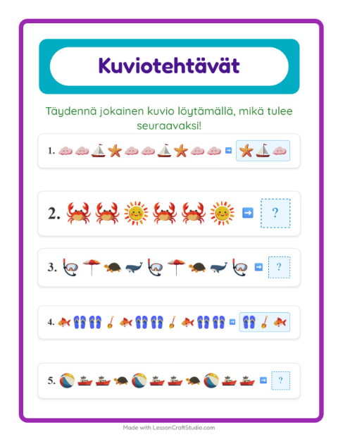 Esikatselu: Kuviotehtävä-tehtäväarkki, aiheena Ranta, 1. luokka