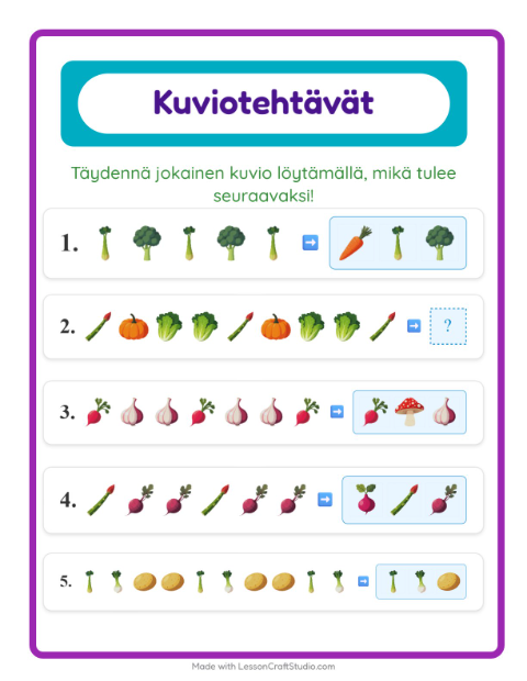 Esikatselu: Kuviotehtävä-tehtäväarkki, aiheena Vihannekset, 1. luokka