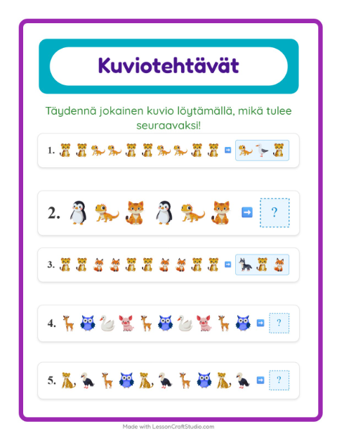 Esikatselu: Kuviotehtävä-tehtäväarkki, 1. luokka