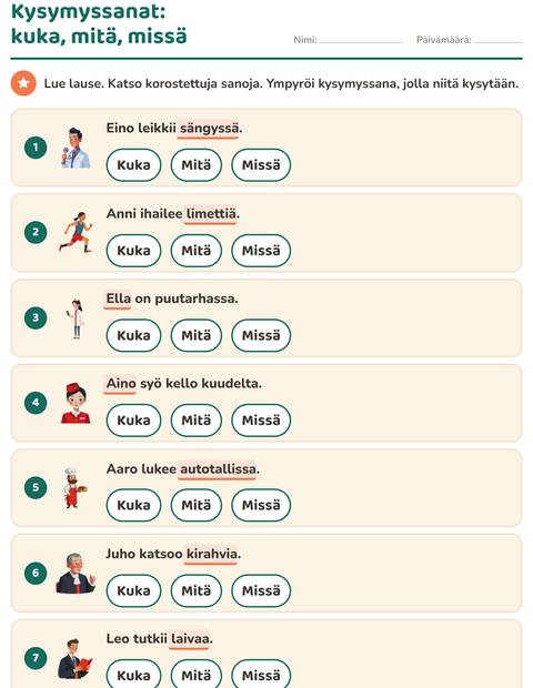 Esikatselu: Kysymyssanat-tehtäväarkki, 1. luokka