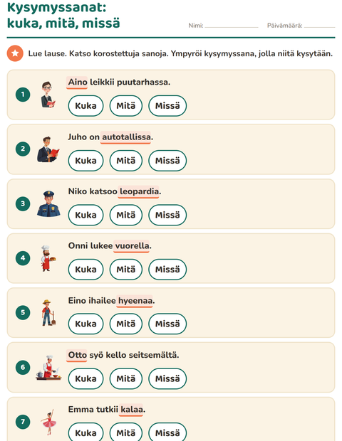Esikatselu: Kysymyssanat-tehtäväarkki, 1. luokka