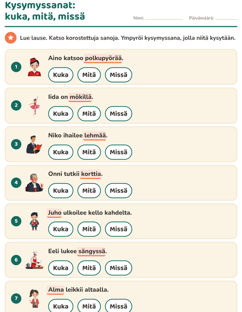 Esikatselu: Kysymyssanat-tehtäväarkki, 1. luokka
