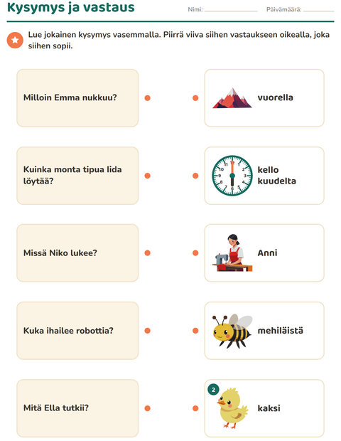 Kysymys ja vastaus: yhdistä oikea pari