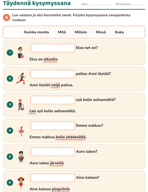 Esikatselu: Kysymyssanat-tehtäväarkki, 1. luokka