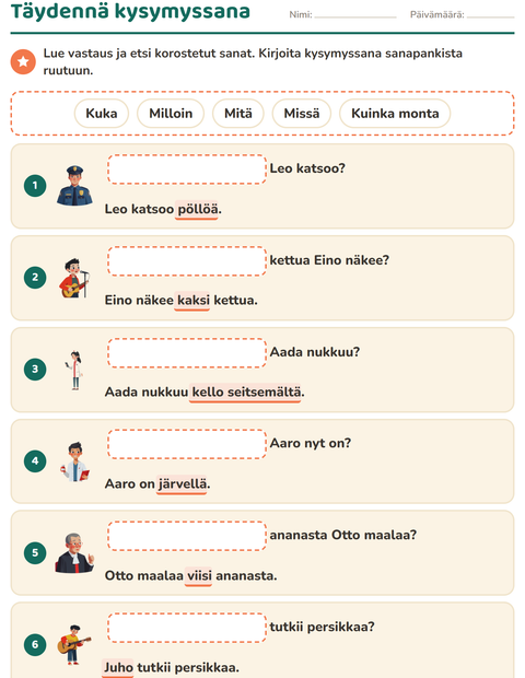 Esikatselu: Kysymyssanat-tehtäväarkki, 1. luokka