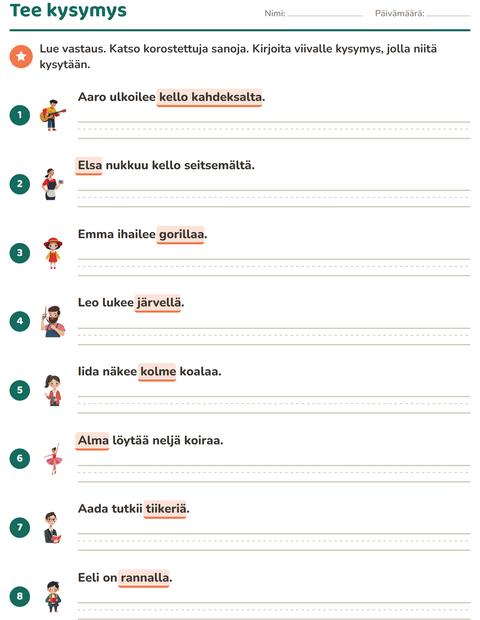Esikatselu: Kysymyssanat-tehtäväarkki, 2. luokka