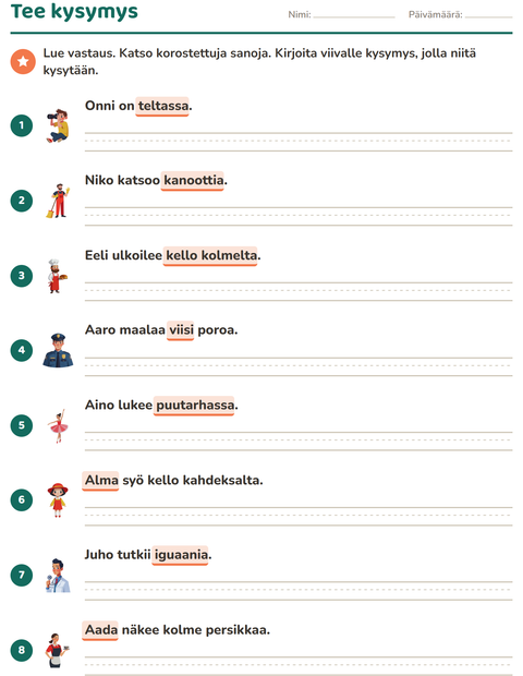Esikatselu: Kysymyssanat-tehtäväarkki, 2. luokka