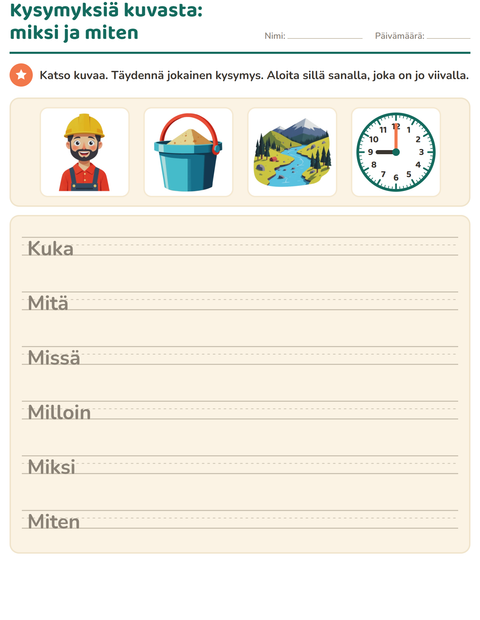 Esikatselu: Kysymyssanat-tehtäväarkki, 2. luokka