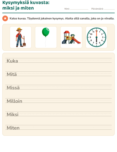Esikatselu: Kysymyssanat-tehtäväarkki, 2. luokka