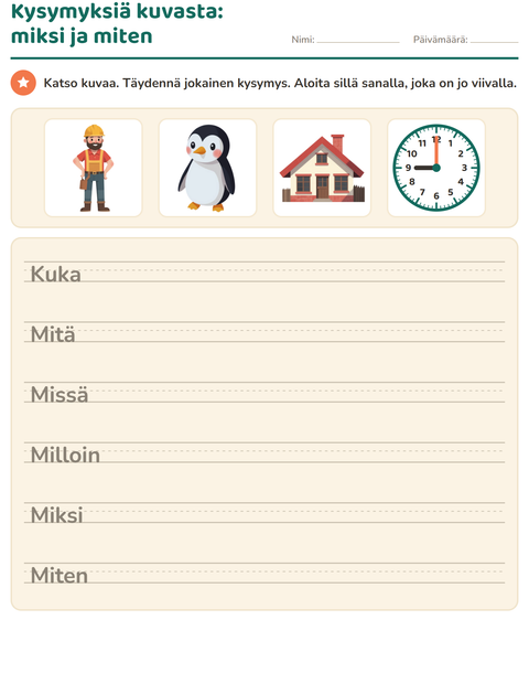 Esikatselu: Kysymyssanat-tehtäväarkki, 2. luokka