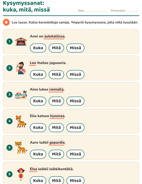 Esikatselu: Kysymyssanat-tehtäväarkki, 1. luokka