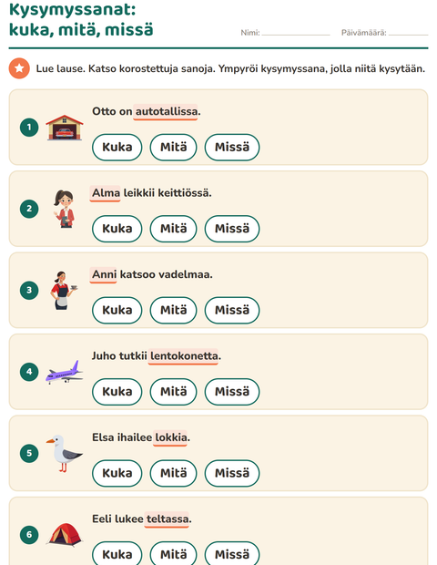 Esikatselu: Kysymyssanat-tehtäväarkki, 1. luokka