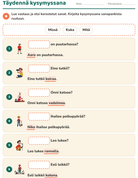 Esikatselu: Kysymyssanat-tehtäväarkki, 1. luokka