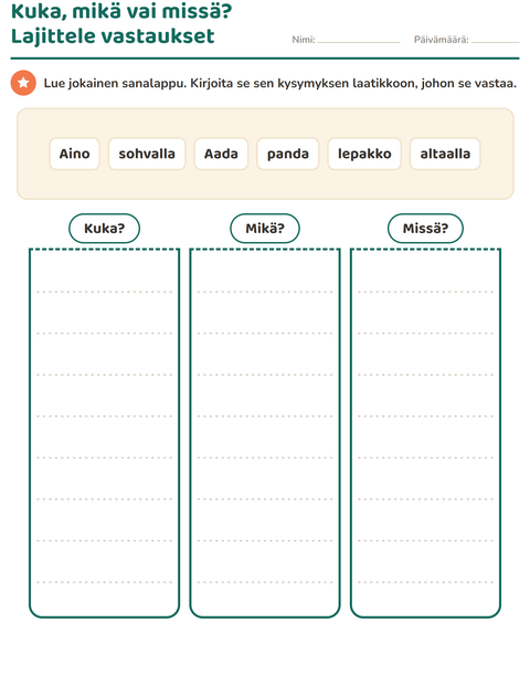 Esikatselu: Kysymyssanat-tehtäväarkki, 1. luokka