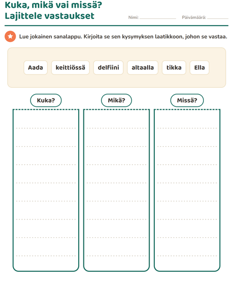 Esikatselu: Kysymyssanat-tehtäväarkki, 1. luokka