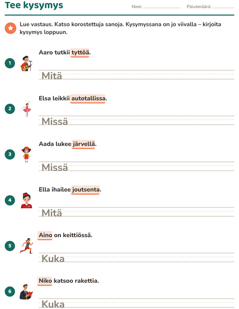 Esikatselu: Kysymyssanat-tehtäväarkki, 2. luokka