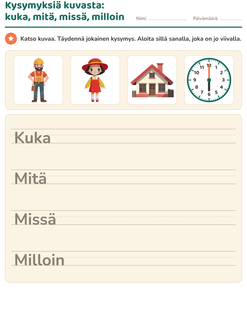 Esikatselu: Kysymyssanat-tehtäväarkki, 2. luokka