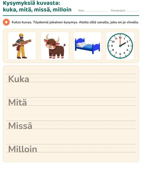 Esikatselu: Kysymyssanat-tehtäväarkki, 2. luokka