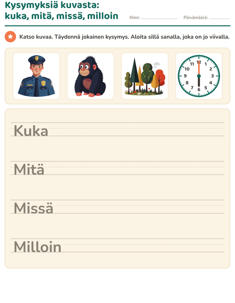 Esikatselu: Kysymyssanat-tehtäväarkki, 2. luokka