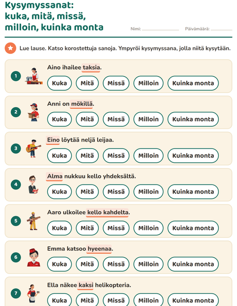 Esikatselu: Kysymyssanat-tehtäväarkki, 1. luokka