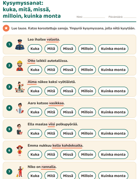 Esikatselu: Kysymyssanat-tehtäväarkki, 1. luokka