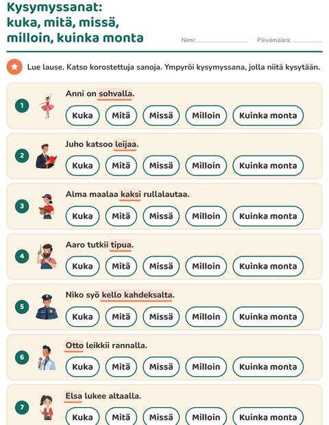 Esikatselu: Kysymyssanat-tehtäväarkki, 1. luokka