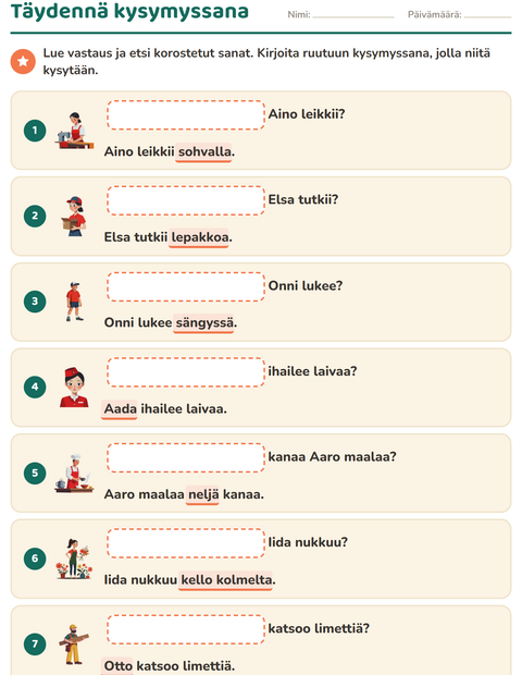 Esikatselu: Kysymyssanat-tehtäväarkki, 1. luokka