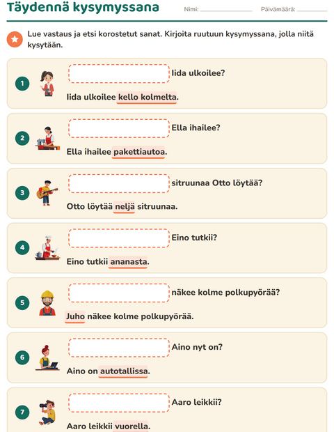 Esikatselu: Kysymyssanat-tehtäväarkki, 1. luokka