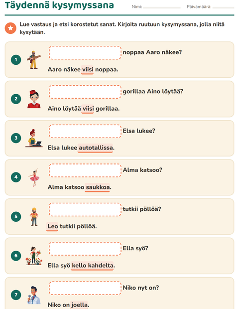 Esikatselu: Kysymyssanat-tehtäväarkki, 1. luokka