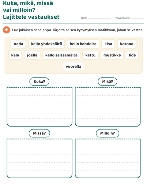 Esikatselu: Kysymyssanat-tehtäväarkki, 1. luokka