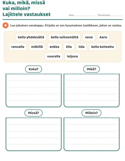 Esikatselu: Kysymyssanat-tehtäväarkki, 1. luokka