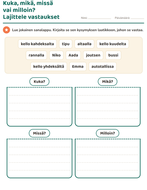 Esikatselu: Kysymyssanat-tehtäväarkki, 1. luokka