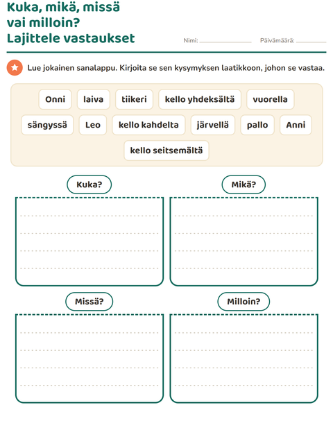 Esikatselu: Kysymyssanat-tehtäväarkki, 1. luokka