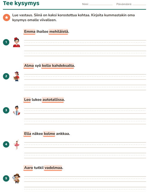 Esikatselu: Kysymyssanat-tehtäväarkki, 2. luokka